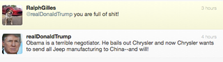 Illustration for article titled Chrysler Exec Calls Donald Trump “Full Of Shit” On Twitter